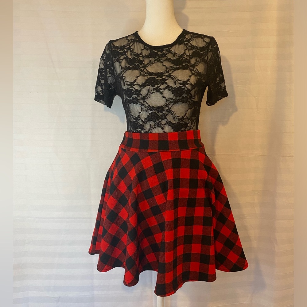 Dark Academia Preppy Schoolgirl Pleated Buffalo Check Plaid Pull On Mini Skirt L
